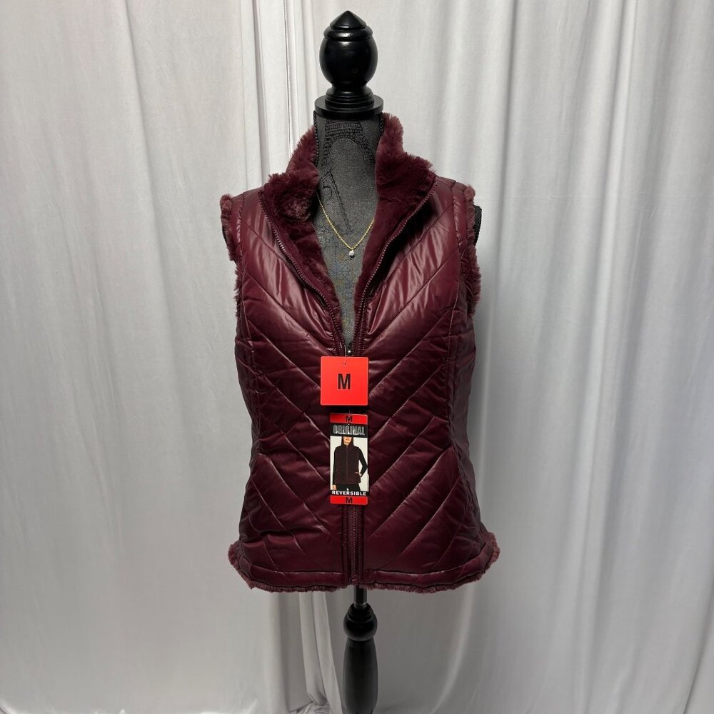 Nicole Miller Reversible Quilted Faux Fur Vest Womens Size Medium Wine NEW